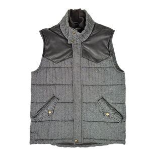 7 For All Mankind Men’s M Puffer Vest Leather Yoke Full Zip Snap Gray Brown